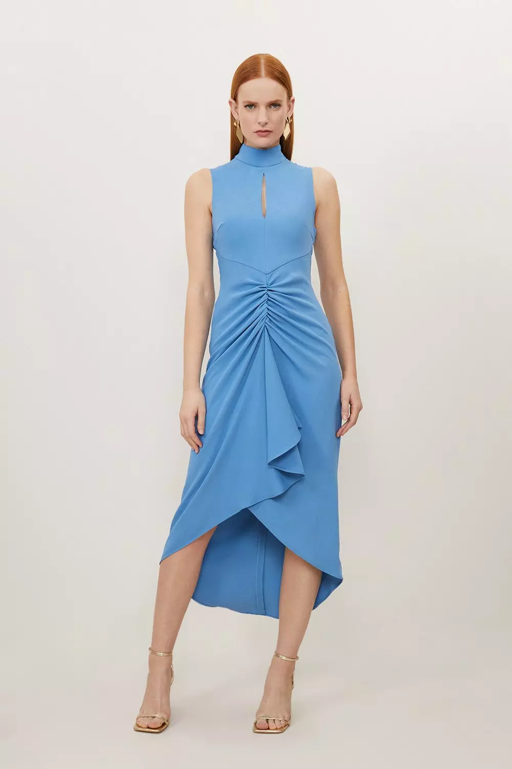 Petite Soft Tailored Ruched Front High Neck Midi Dress Karen Millen